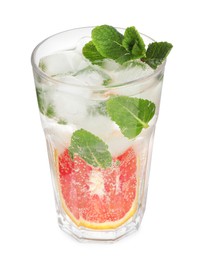 Photo of Delicious refreshing drink with sicilian orange, fresh mint and ice cubes in glass isolated on white