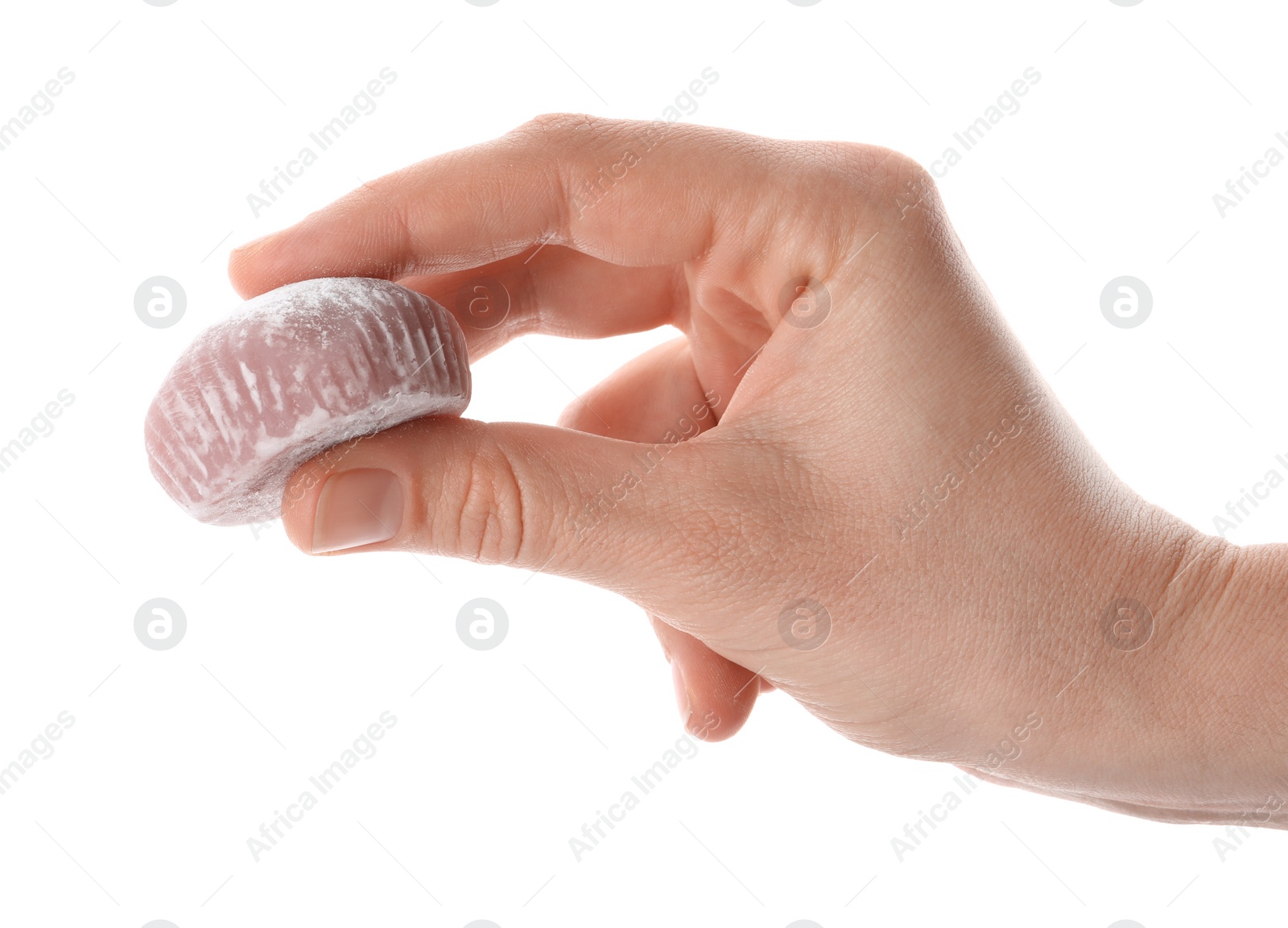Photo of Woman with delicious mochi on white background, closeup. Traditional Japanese dessert
