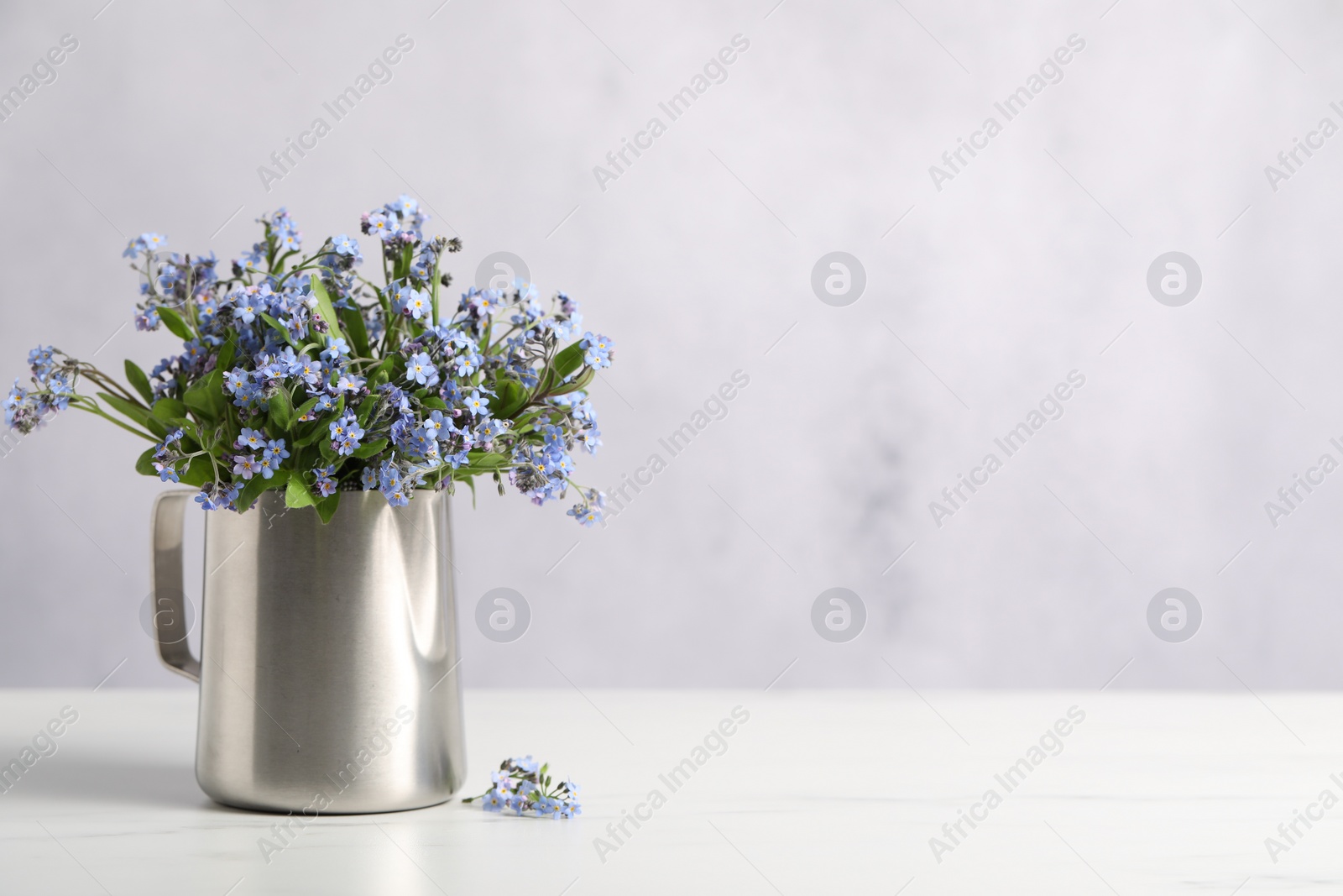 Photo of Beautiful forget-me-not flowers on white table. Space for text