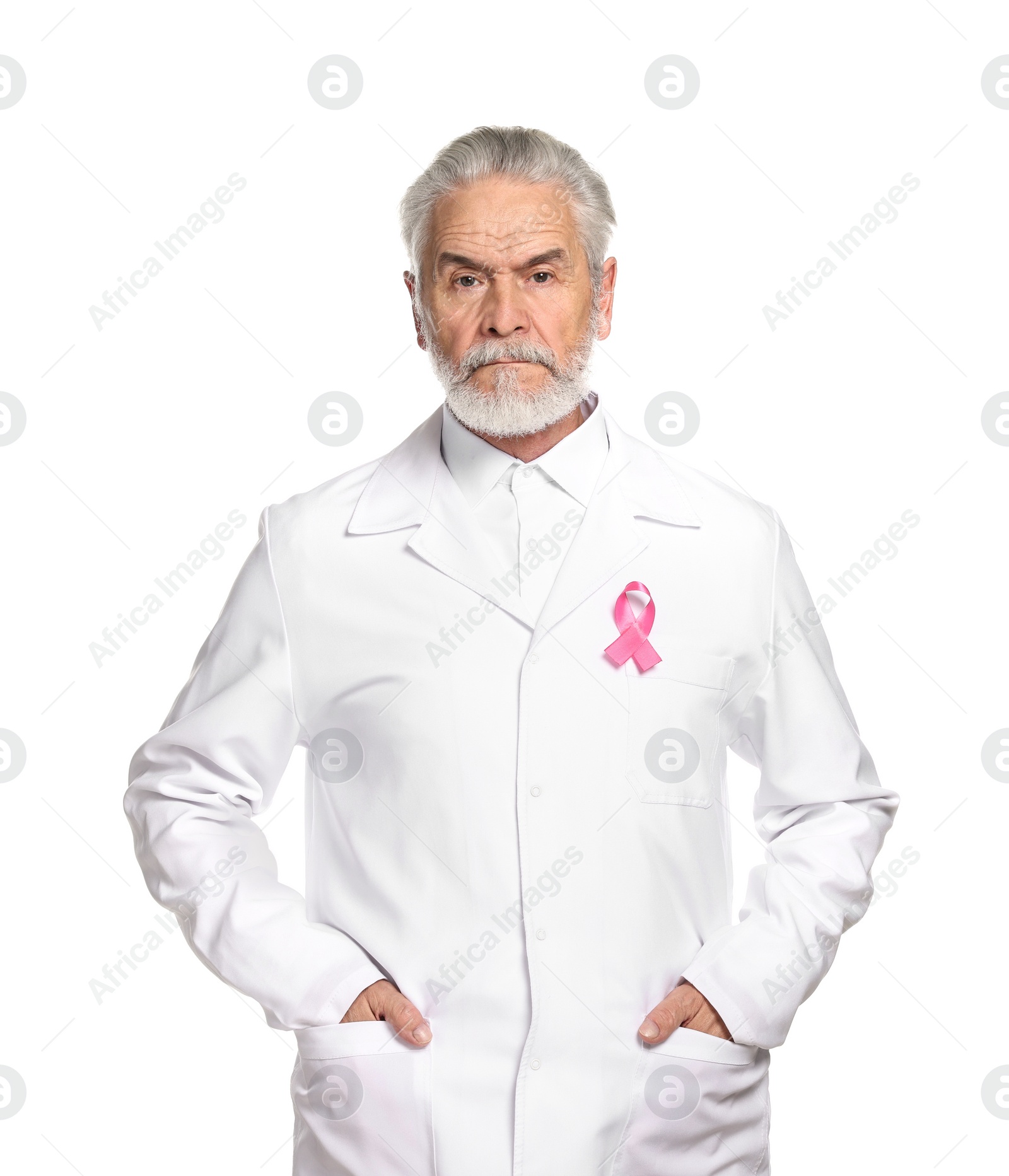 Photo of Mammologist with pink ribbon on white background. Breast cancer awareness