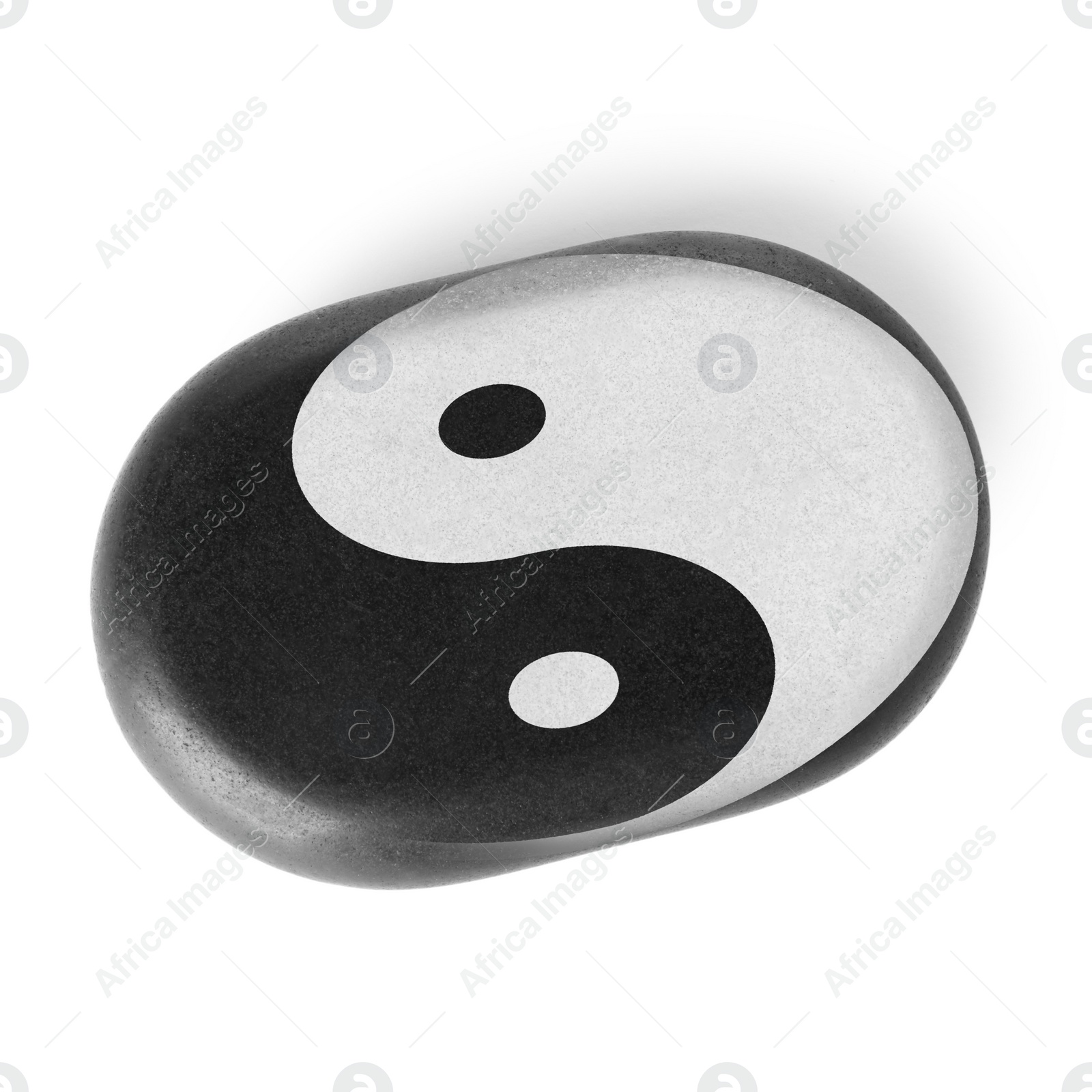 Image of Stone with Ying Yang symbol on white background, top view. Feng Shui philosophy 