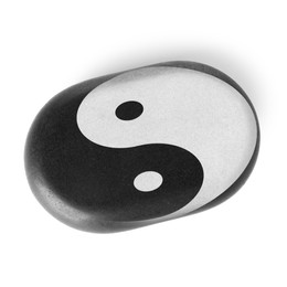Image of Stone with Ying Yang symbol on white background, top view. Feng Shui philosophy 