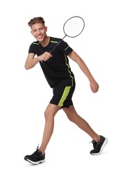 Photo of Young man playing badminton with racket on white background