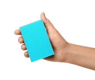 Photo of Woman holding cleaning sponge for dish washing on white background, closeup