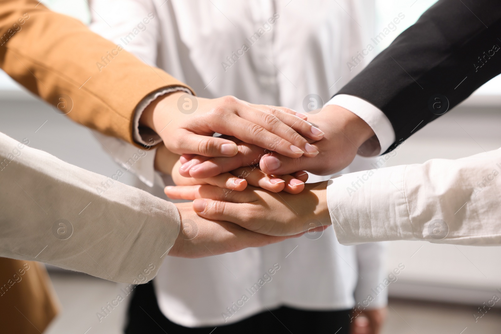 Photo of Group of people holding hands together indoors, closeup. Unity concept