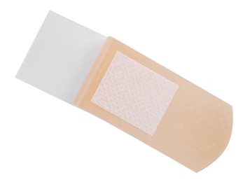 Photo of One medical adhesive bandage isolated on white, top view