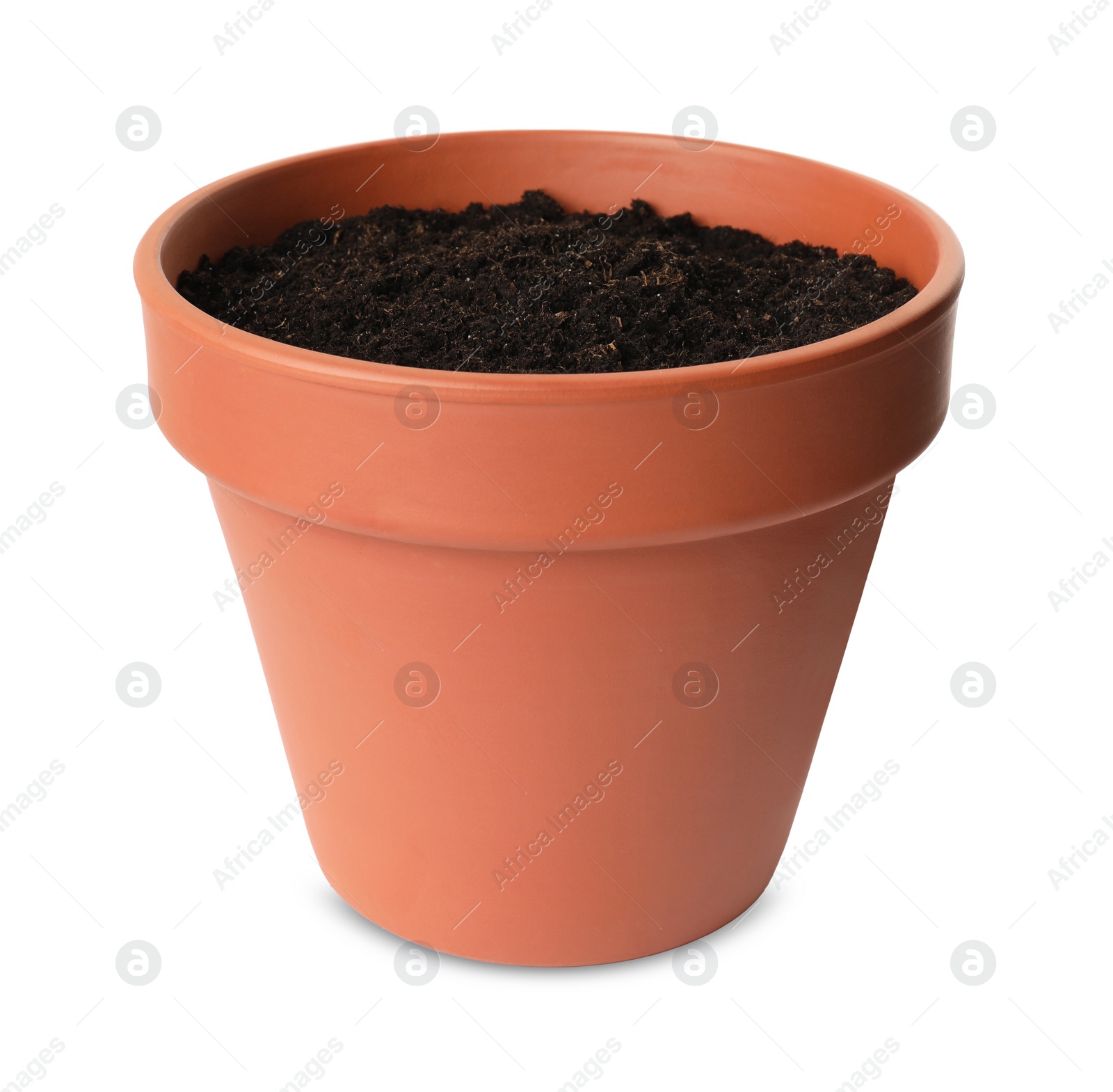 Photo of Clay flower pot with soil isolated on white