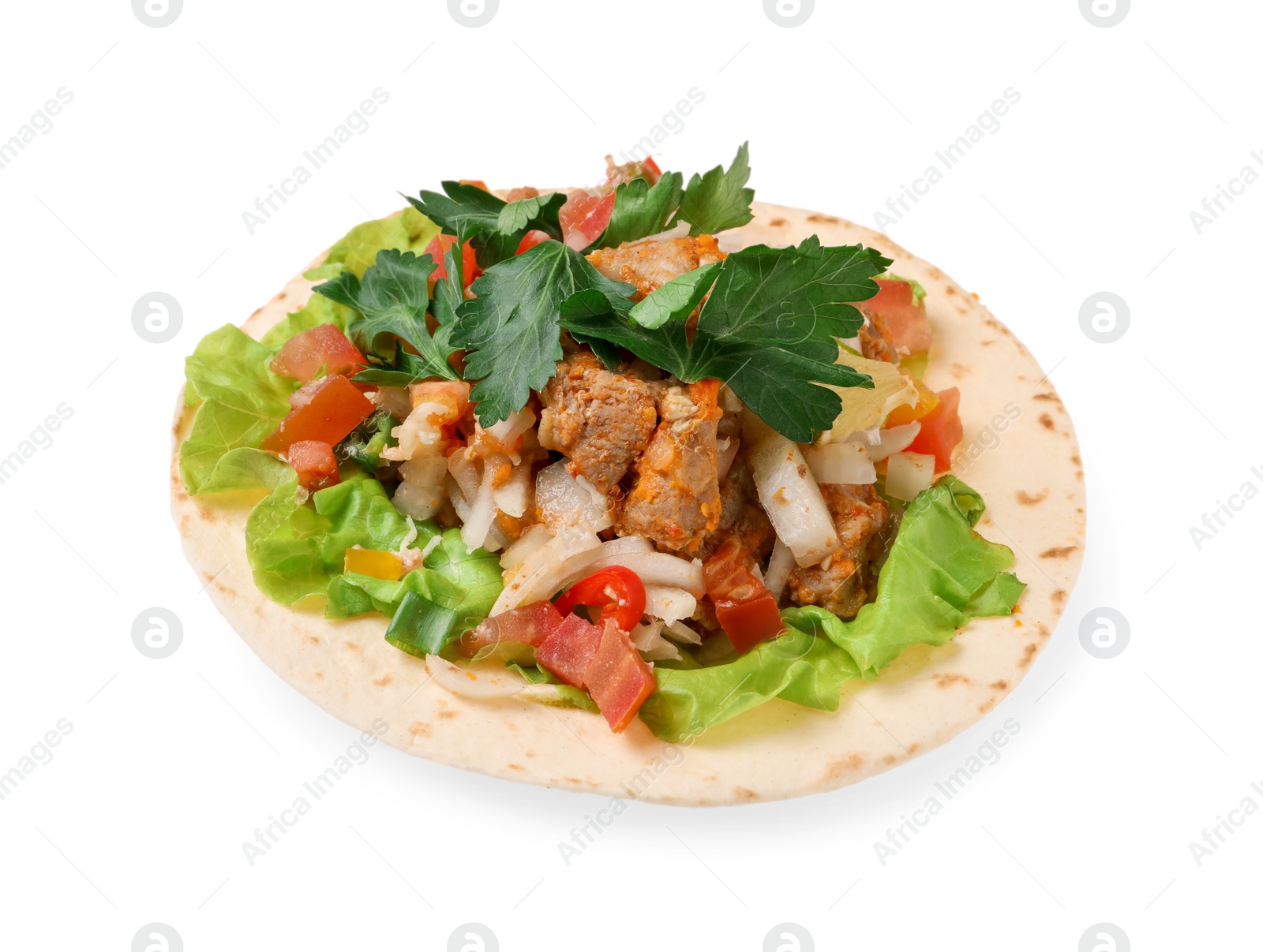 Photo of Delicious taco with vegetables and meat isolated on white