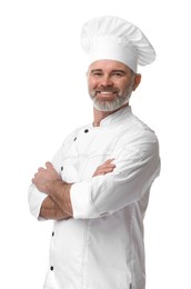 Photo of Happy chef in uniform on white background