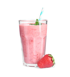 Photo of Tasty strawberry smoothie with mint in glass isolated on white