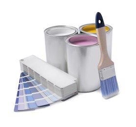 Photo of Cans with different paints, brush and color palette on white background