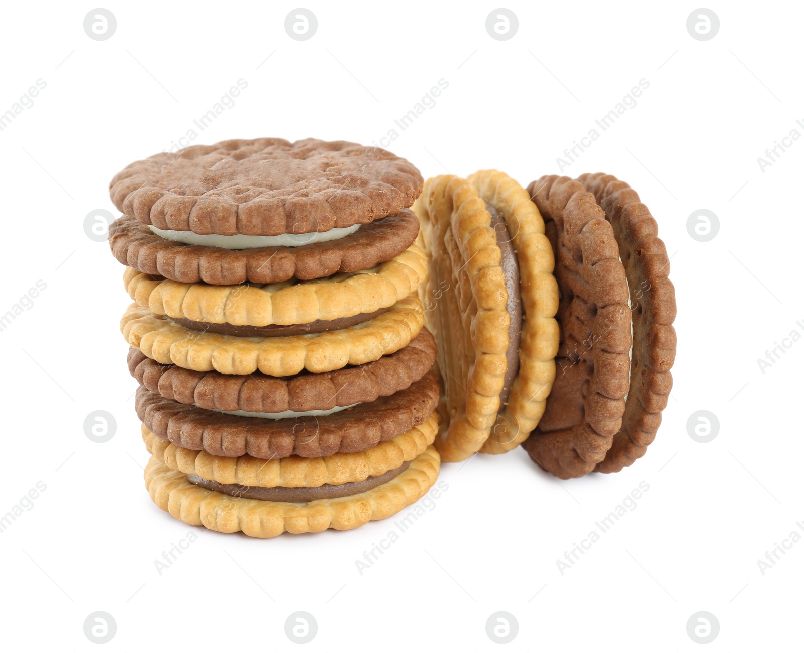 Photo of Different tasty sandwich cookies on white background