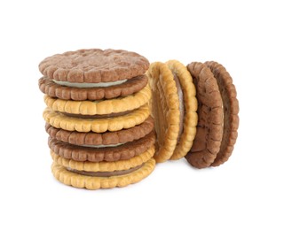 Photo of Different tasty sandwich cookies on white background