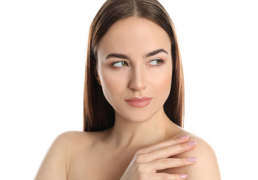 Portrait of young woman with beautiful face on white background