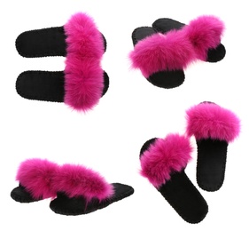 Image of Collage with fluffy slippers on white background