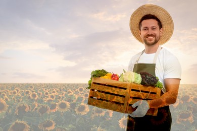 Double exposure of happy farmer and sunflower field. Space for text