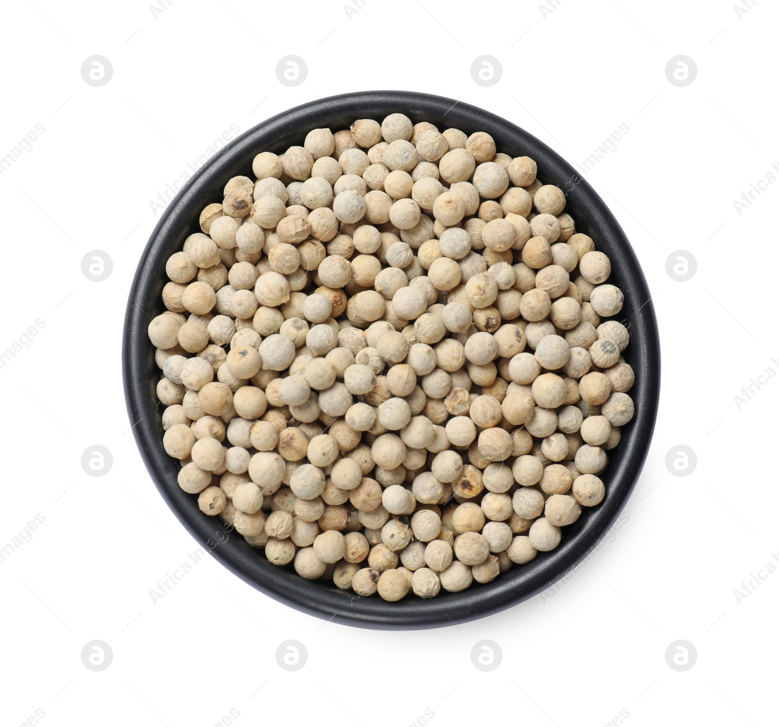 Photo of Aromatic spice. Many peppercorns in bowl isolated on white, top view