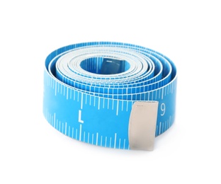 Photo of Long light blue measuring tape isolated on white