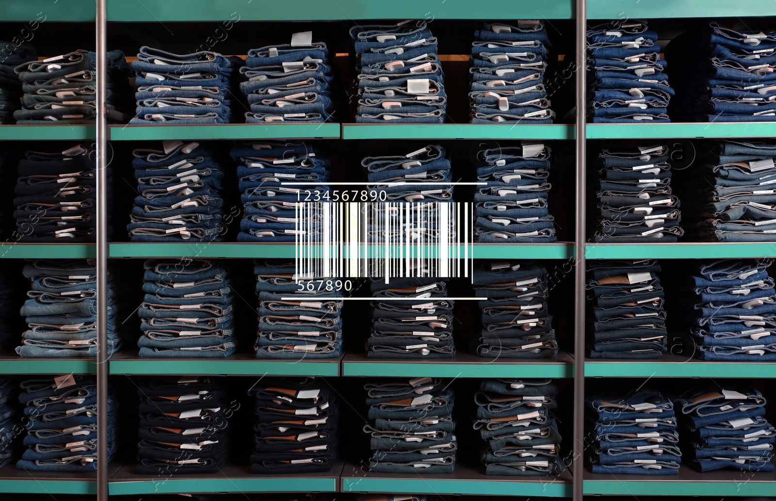 Image of Barcode and collection of stylish jeans on shelves in wholesale shop