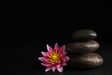 Photo of Stones and lotus flower on black background, space for text. Zen lifestyle