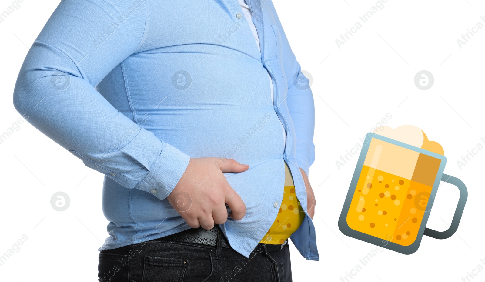 Image of Beer belly problem. Overweight man on white background, closeup