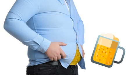 Beer belly problem. Overweight man on white background, closeup