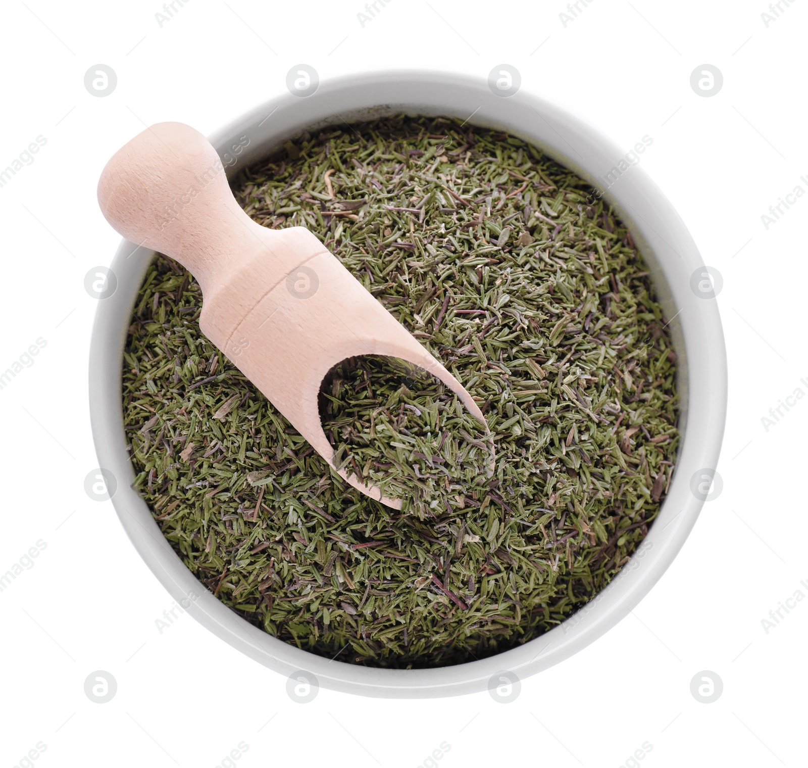 Photo of Bowl and scoop with dried thyme isolated on white, top view