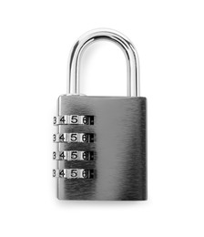 Photo of Steel combination padlock isolated on white, top view