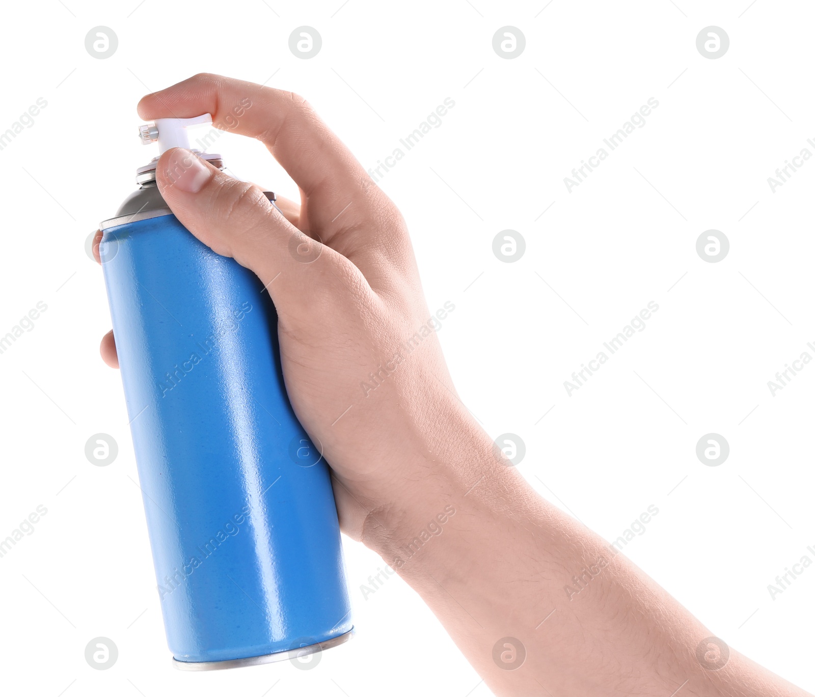 Photo of Man with can of spray paint on white background, closeup