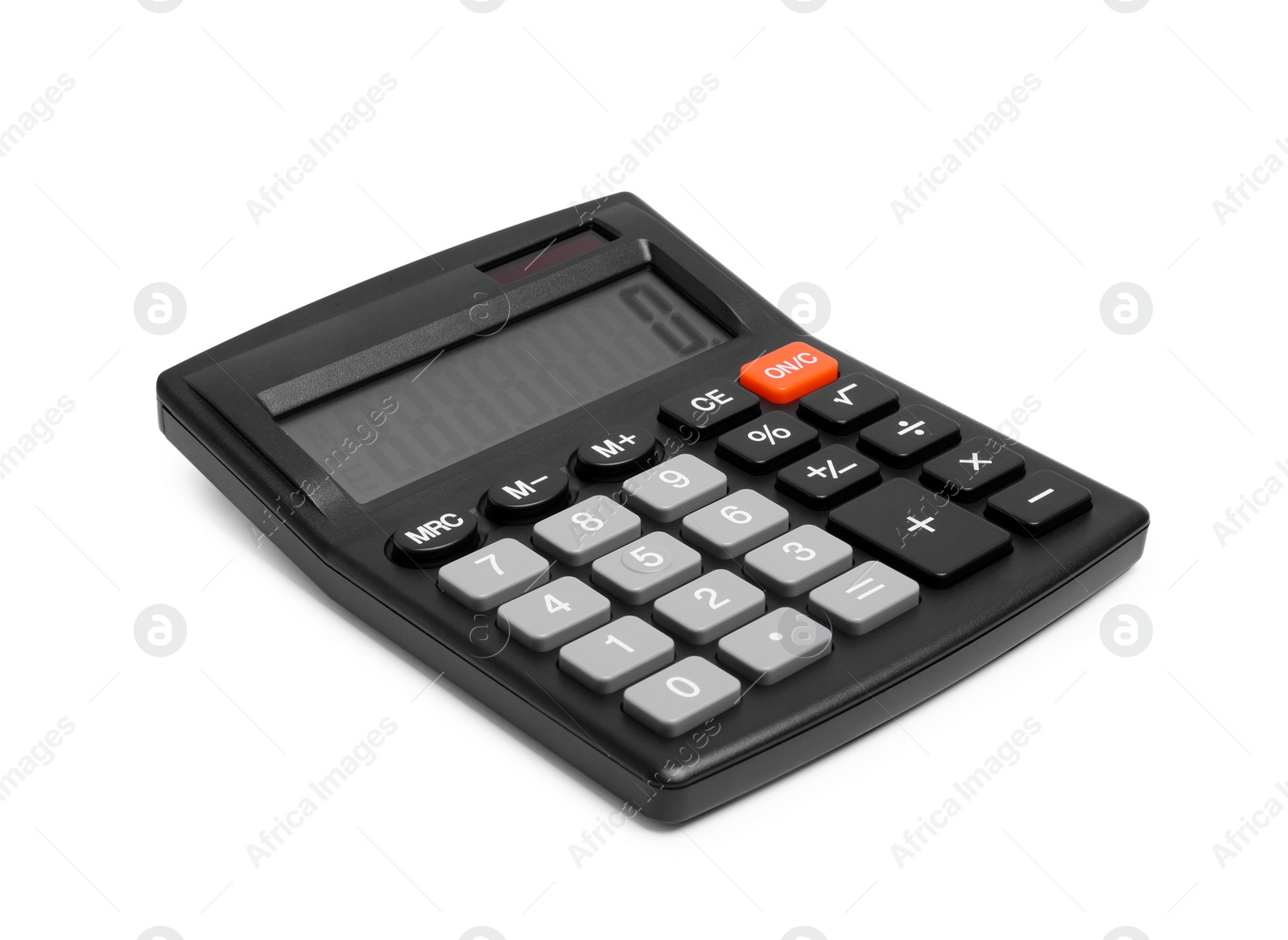 Photo of Black calculator isolated on white. Office stationery