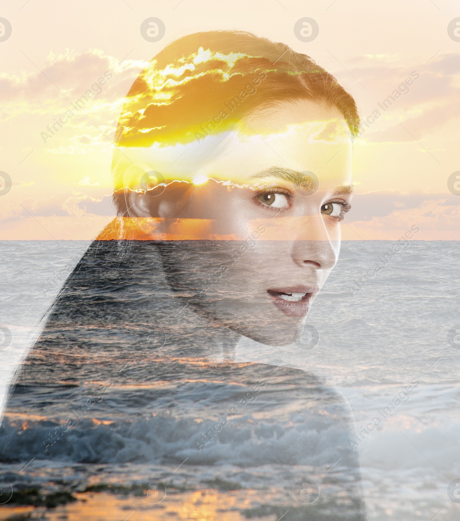 Image of Double exposure of beautiful woman and sea at sunset