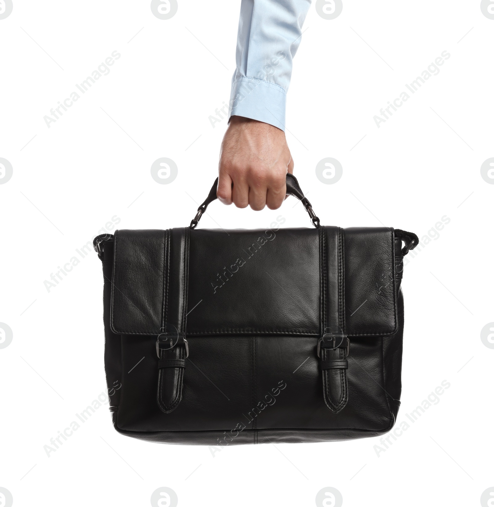 Photo of Man holding stylish leather briefcase on white background, closeup
