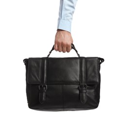 Man holding stylish leather briefcase on white background, closeup