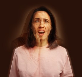 Image of Paranoia. Multiple exposure with photos of emotional woman on brown background