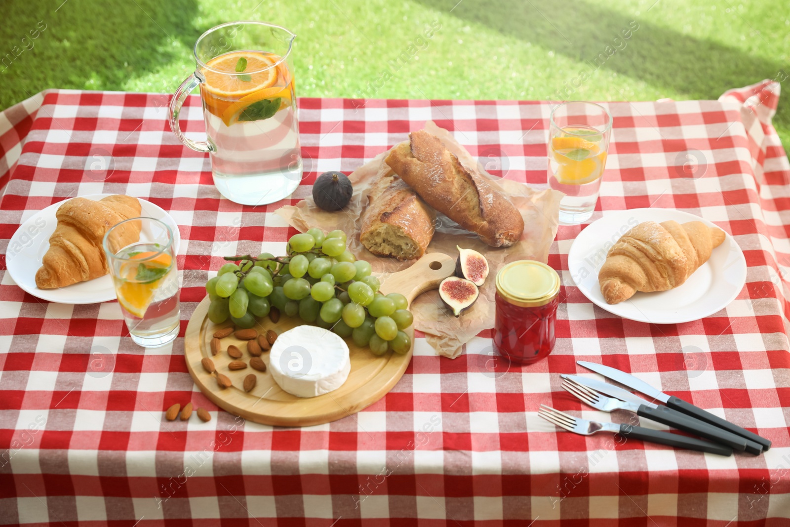 Photo of Different tasty food and lemonade on picnic blanket