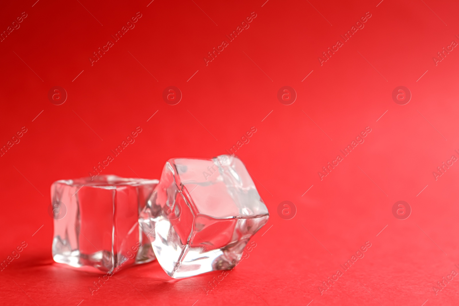 Photo of Crystal clear ice cubes on red background. Space for text