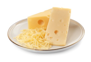 Photo of Grated cheese and pieces of one isolated on white