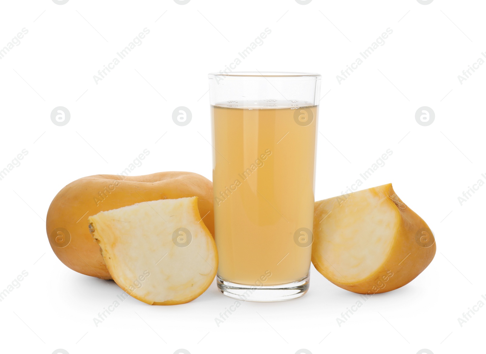 Photo of Glass of freshly made turnip juice on white background