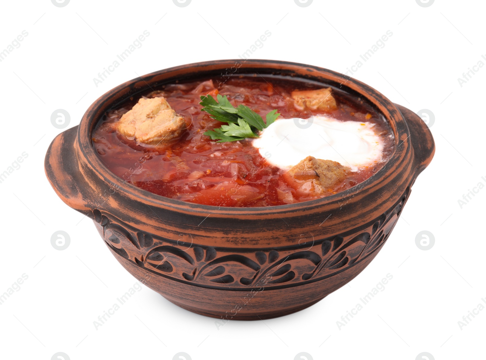 Photo of Tasty borscht with sour cream in bowl isolated on white