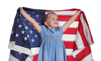 Photo of Little girl with American flag on white background