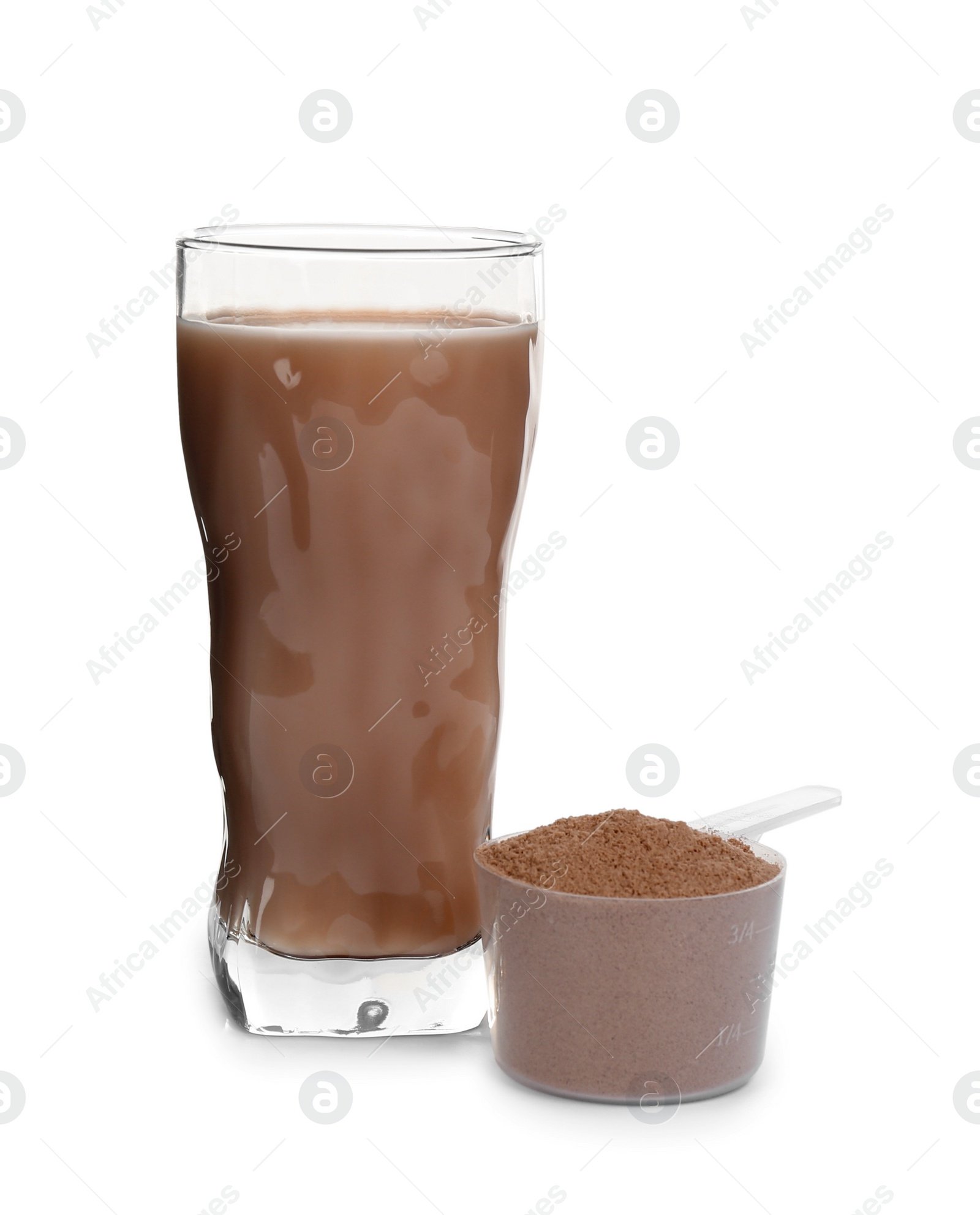 Photo of Protein shake and powder isolated on white