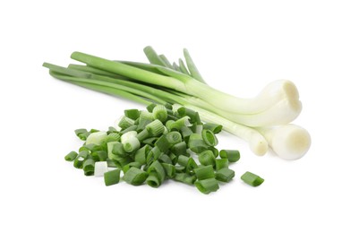 Whole and chopped green onion isolated on white