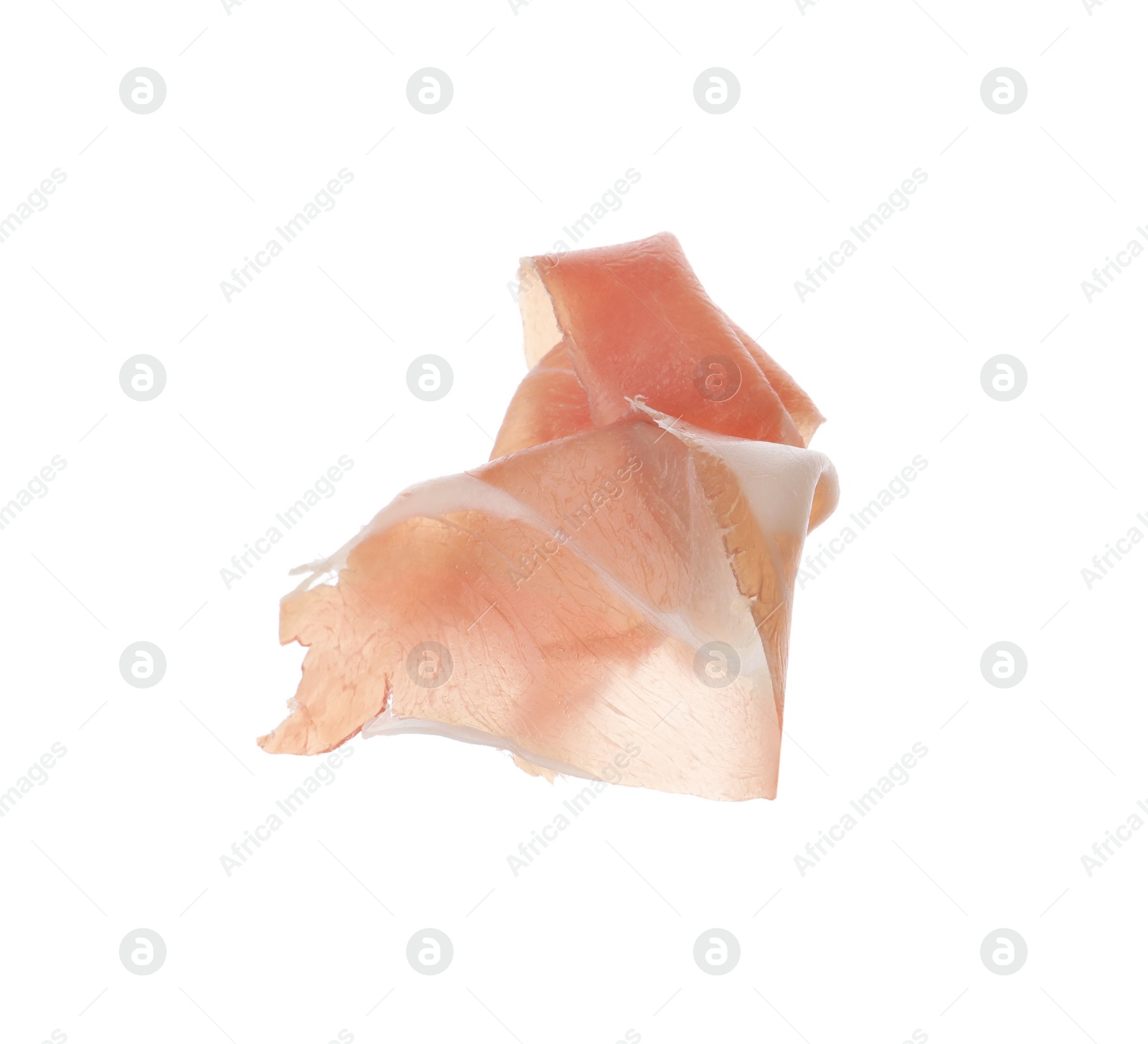 Photo of Slice of tasty prosciutto isolated on white