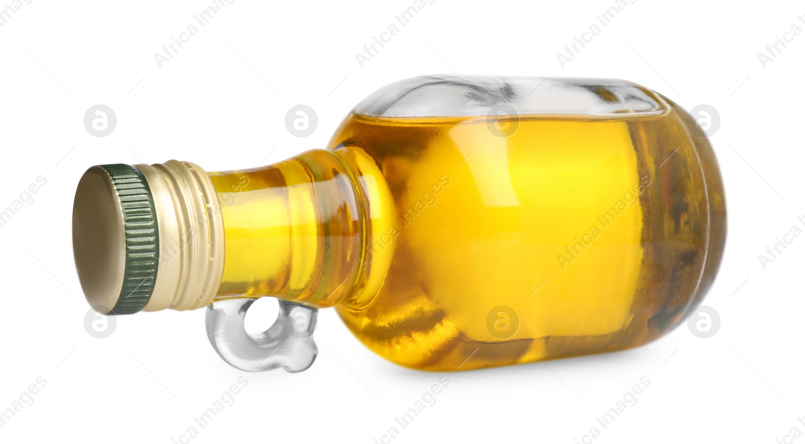 Photo of Glass bottle of cooking oil isolated on white