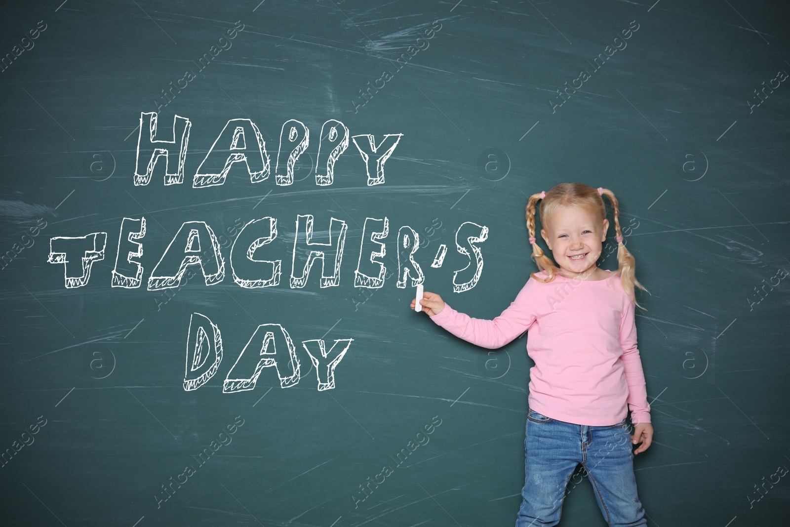 Image of Cute little girl pointing on chalkboard with text Happy Teacher's Day