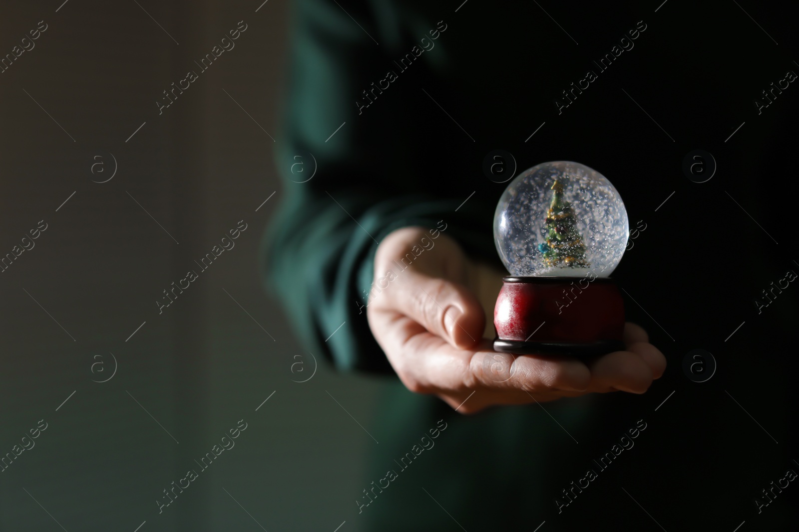 Photo of Woman holding Christmas snow globe on blurred background, closeup. Space for text