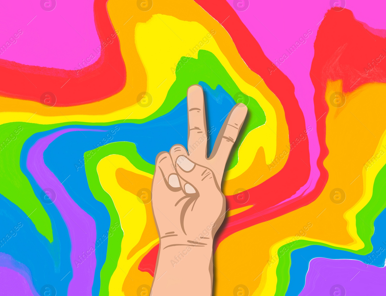 Illustration of Person showing peace gesture against background in colors of pride flag, illustration