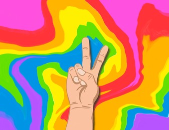 Illustration of Person showing peace gesture against background in colors of pride flag, illustration