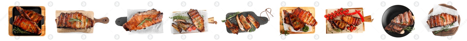 Image of Set of delicious roasted ribs on white background, top view. Banner design 