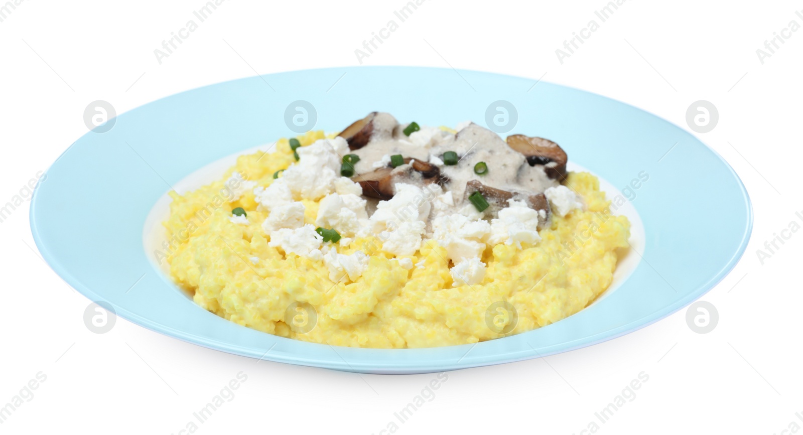 Photo of Tasty banosh with brynza and mushrooms isolated on white. Traditional Ukrainian dish